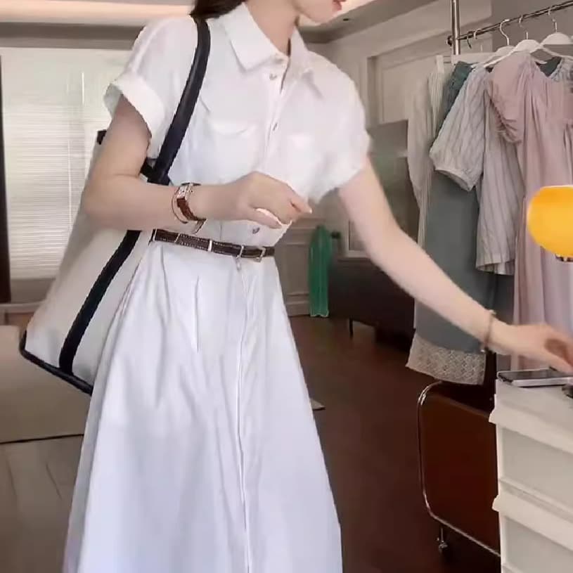 白ワンピース 上質シンプルシャツワンピース