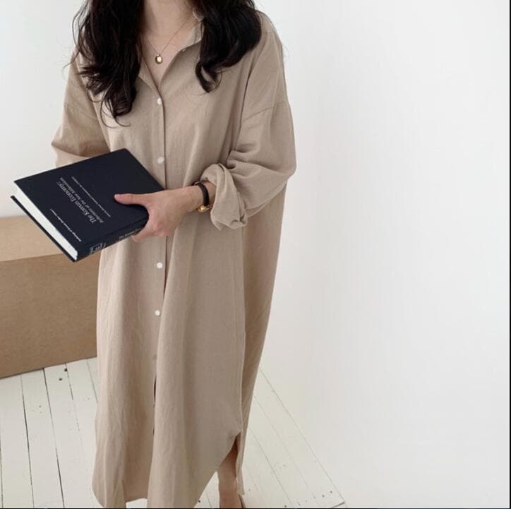 白ワンピース　ベーシックロングシャツワンピース