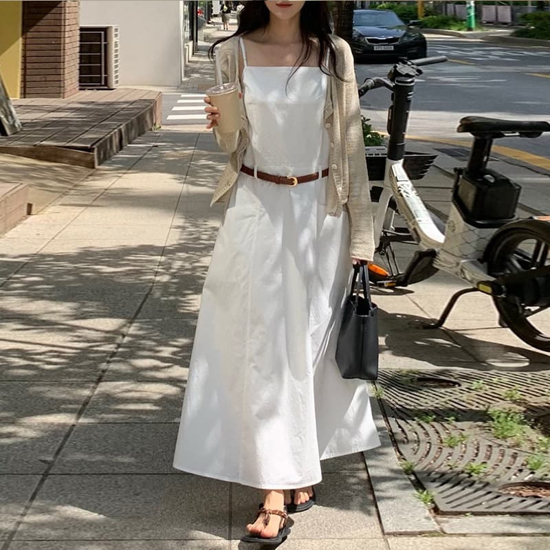 白ワンピース キャミソールマキシ丈ワンピース