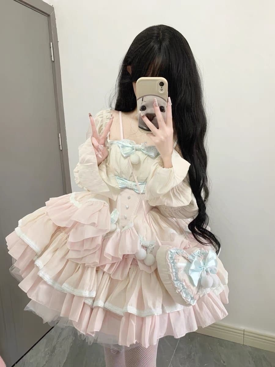 白ワンピース ふんわり姫袖リボンレースドレス