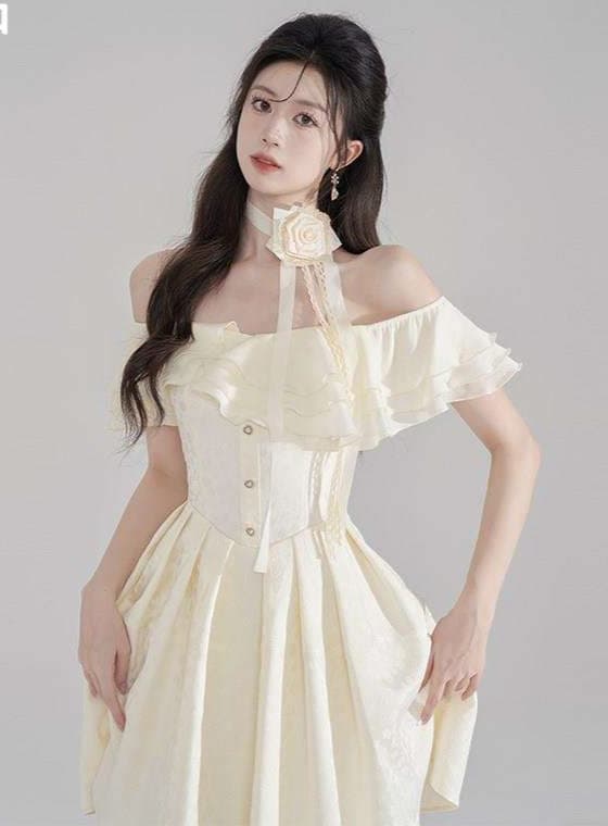 白ワンピース オフショルダーフリルロマンティックワンピース