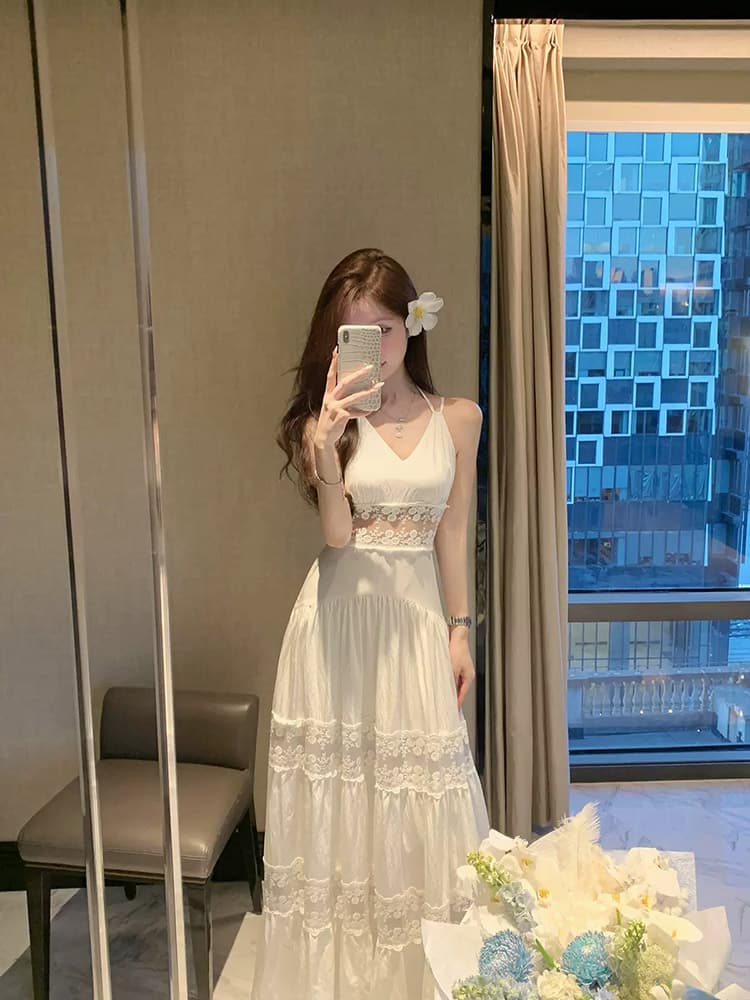 白ワンピース レース切替えキャミマキシワンピース