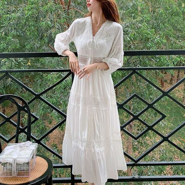 白ワンピース レース切替ティアードワンピース