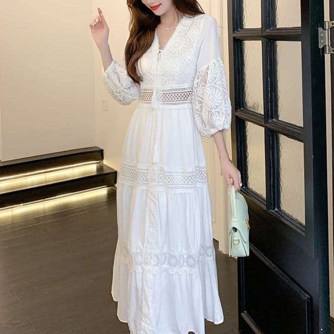 白ワンピース レース切替ティアードワンピース