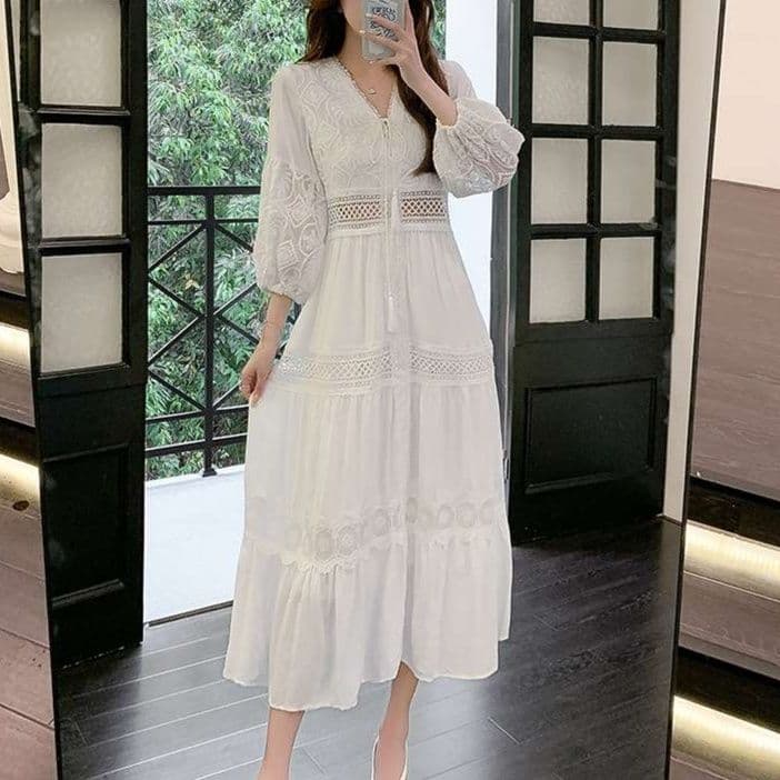 白ワンピース レース切替ティアードワンピース