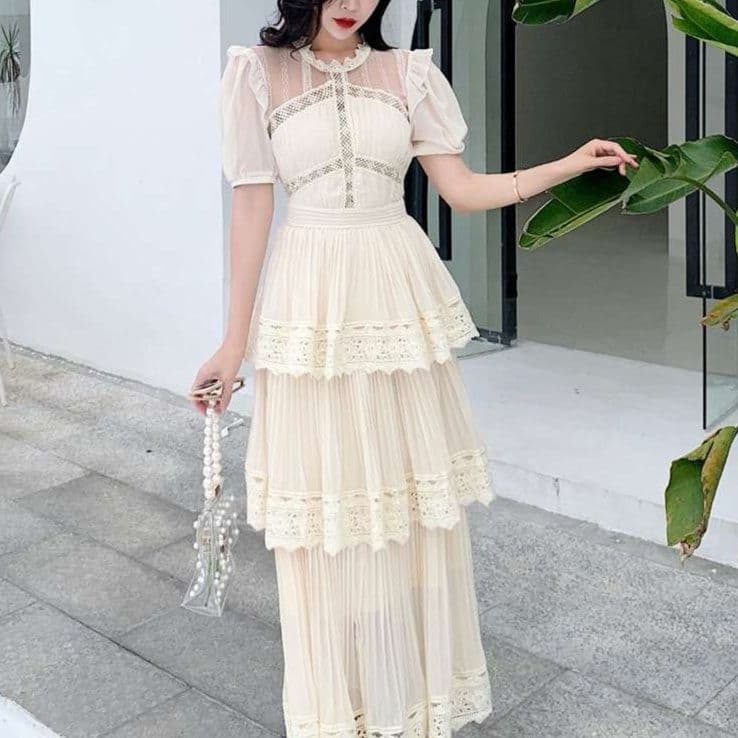 白ワンピース レース切替フリルティアードロングワンピース