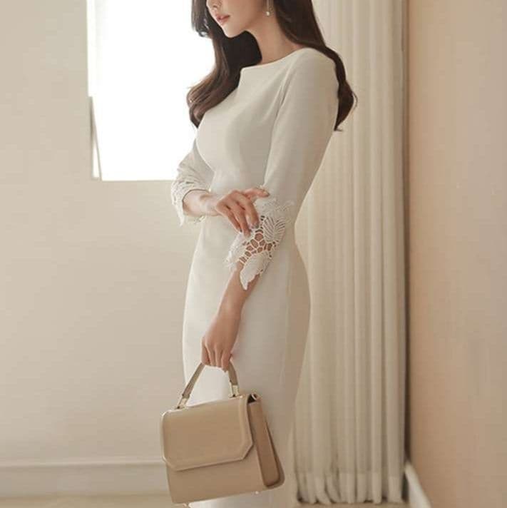 白ワンピース レース袖ミモレワンピース