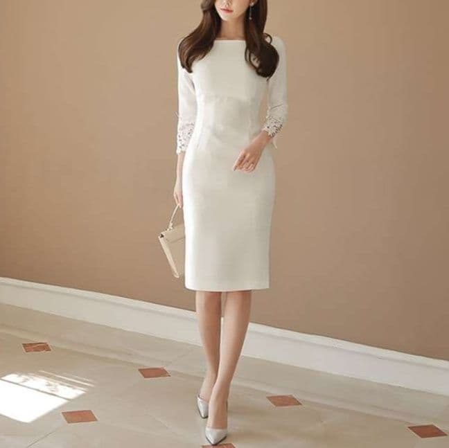 白ワンピース レース袖ミモレワンピース