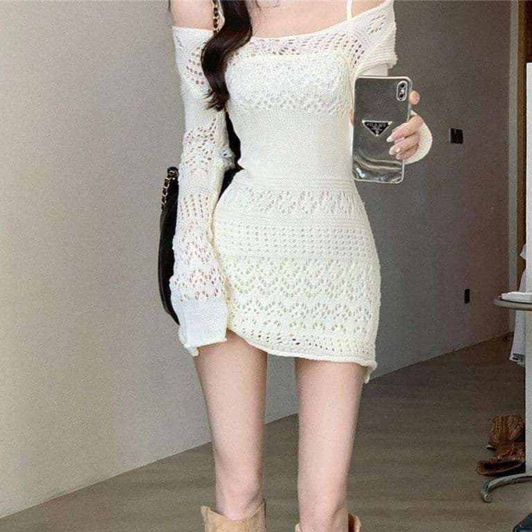 白ワンピース 透かし編みレース調セクシーワンピース