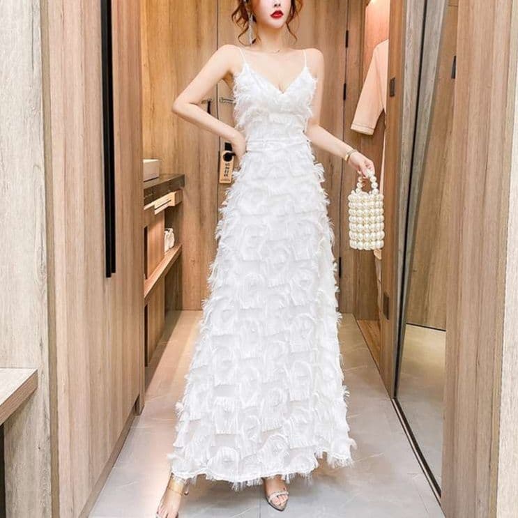 白ワンピース フェザーレイヤード キャミワンピース