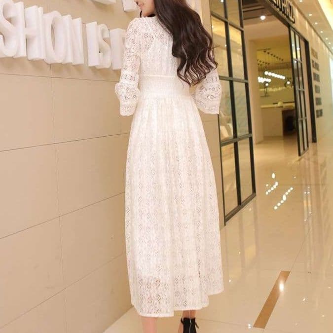白ワンピース 花柄レース 七分袖 シースルー フレアワンピース
