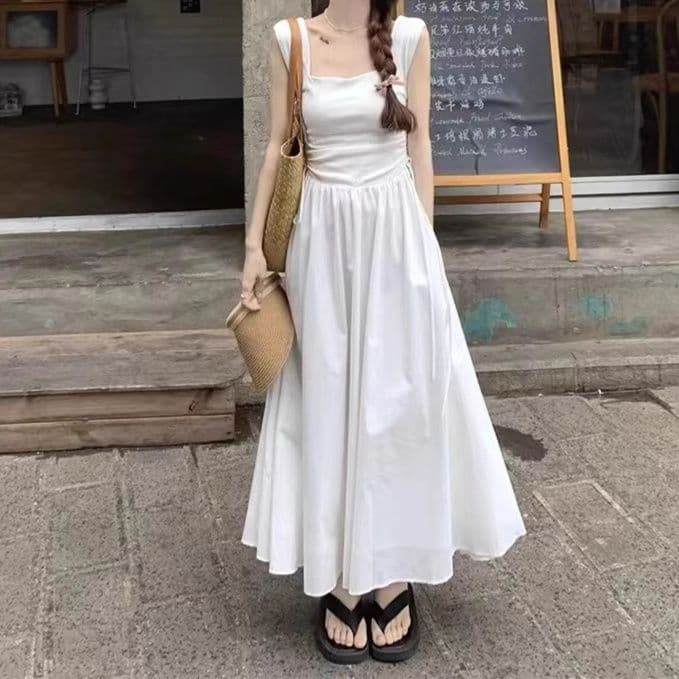 白ワンピース シンプル優美ギャザーワンピース