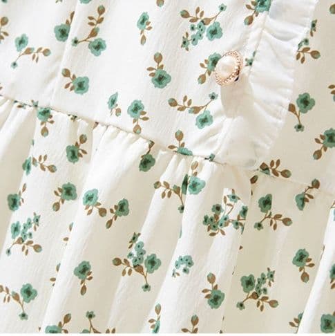 白ワンピース 花柄シアーメッシュパフスリーブミモレワンピース
