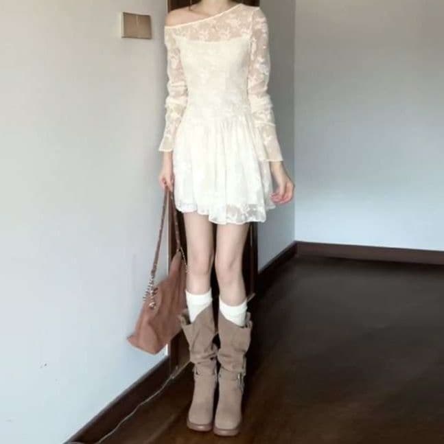 白ワンピース レース編み姫袖ふんわりミニワンピース