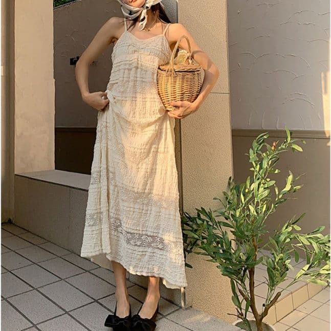 白ワンピース 涼感透け感キャミソール裾切替ロングワンピース