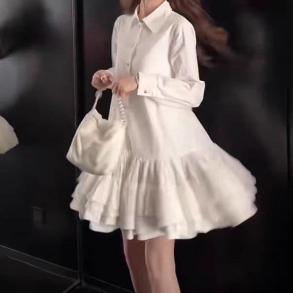 白ワンピース フリル付きシャツカラーワンピース