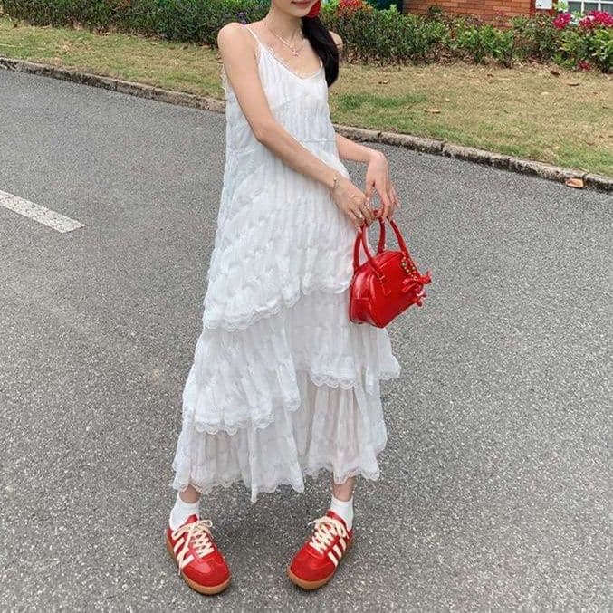 白ワンピース 重ねフリルティアードワンピース