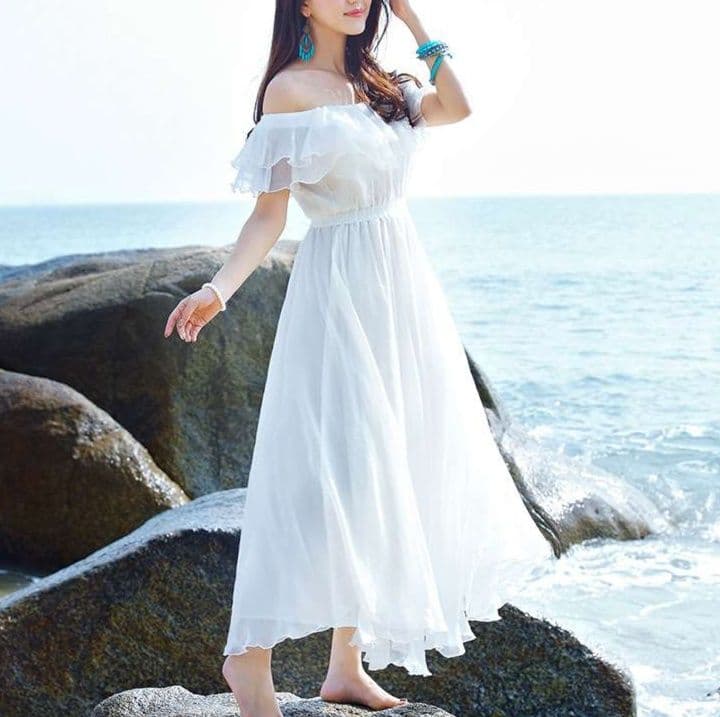 白ワンピース オフショルダー フリル マキシ ワンピース