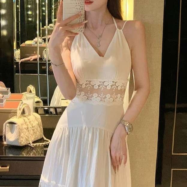 白ワンピース レース切替えキャミマキシワンピース