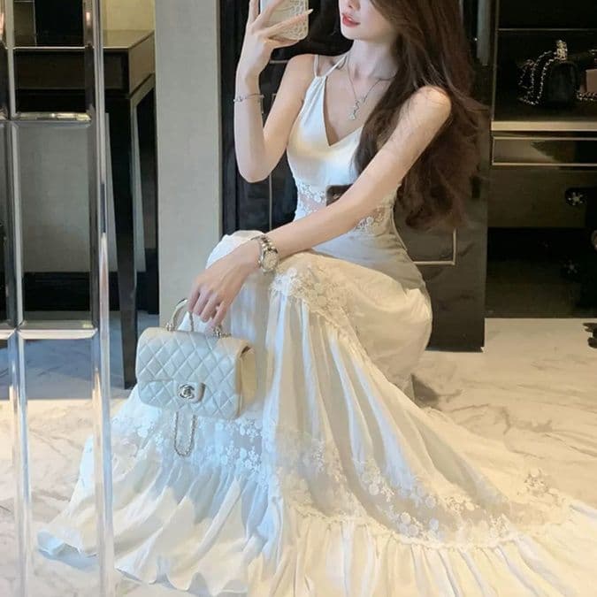 白ワンピース レース切替えキャミマキシワンピース