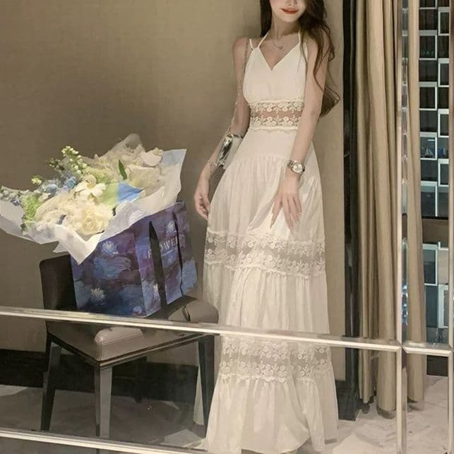 白ワンピース レース切替えキャミマキシワンピース