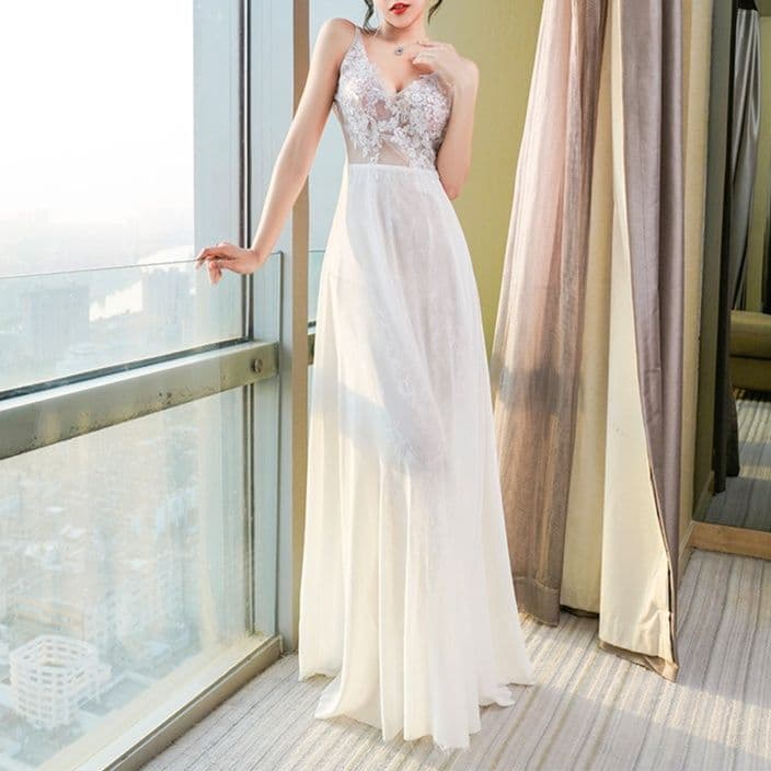 白ワンピース レース切替シースルーロングワンピース