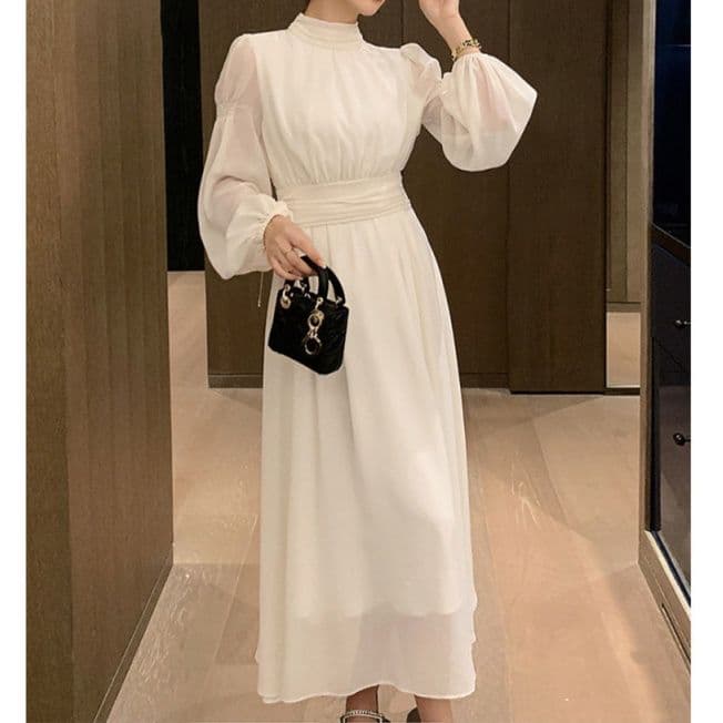白ワンピース パフスリーブタイデザインシフォンワンピース