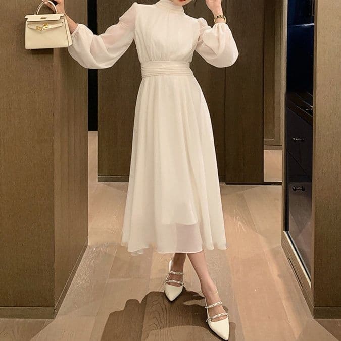 白ワンピース パフスリーブタイデザインシフォンワンピース