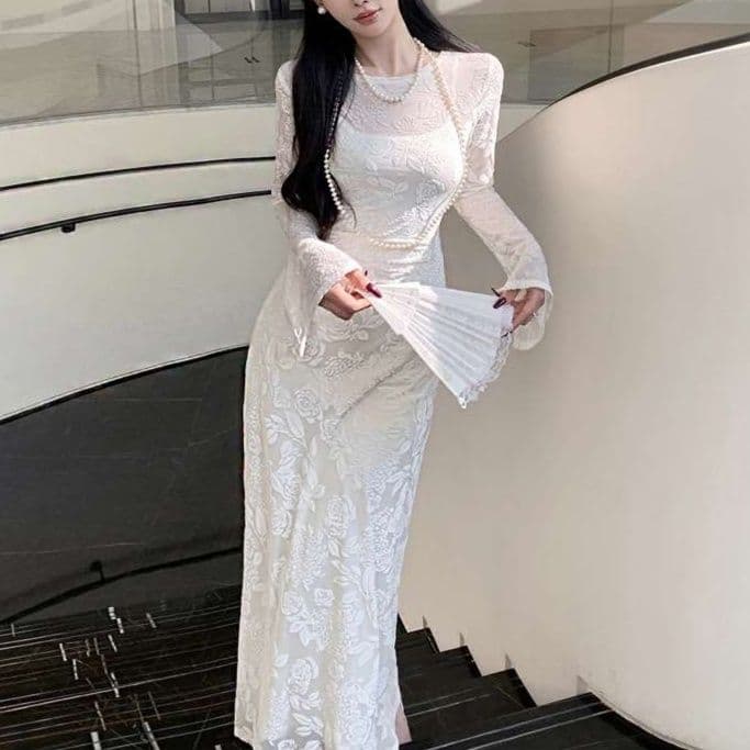 白ワンピース 優美なシルエット レース マーメイド ワンピース