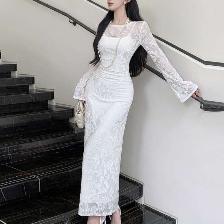 白ワンピース 優美なシルエット レース マーメイド ワンピース