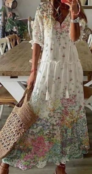 白ワンピース ボタニカル刺繍半袖ミモレ丈ワンピ