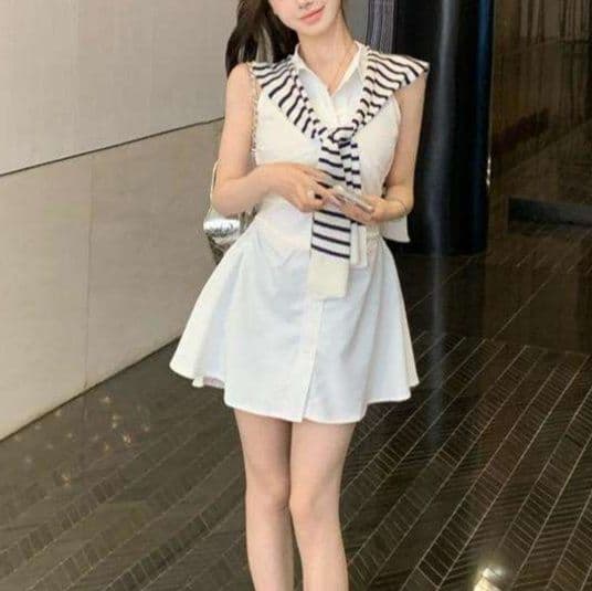 白ワンピース ストライプ襟付きホルターネックミニワンピース