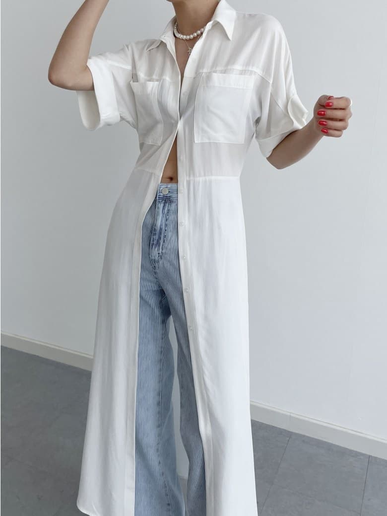 白ワンピース シンプル ロング シャツワンピース