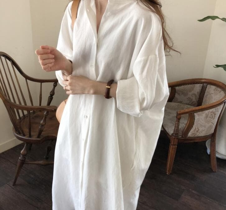 白ワンピース　ベーシックロングシャツワンピース