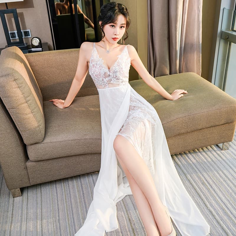 白ワンピース レース切替シースルーロングワンピース