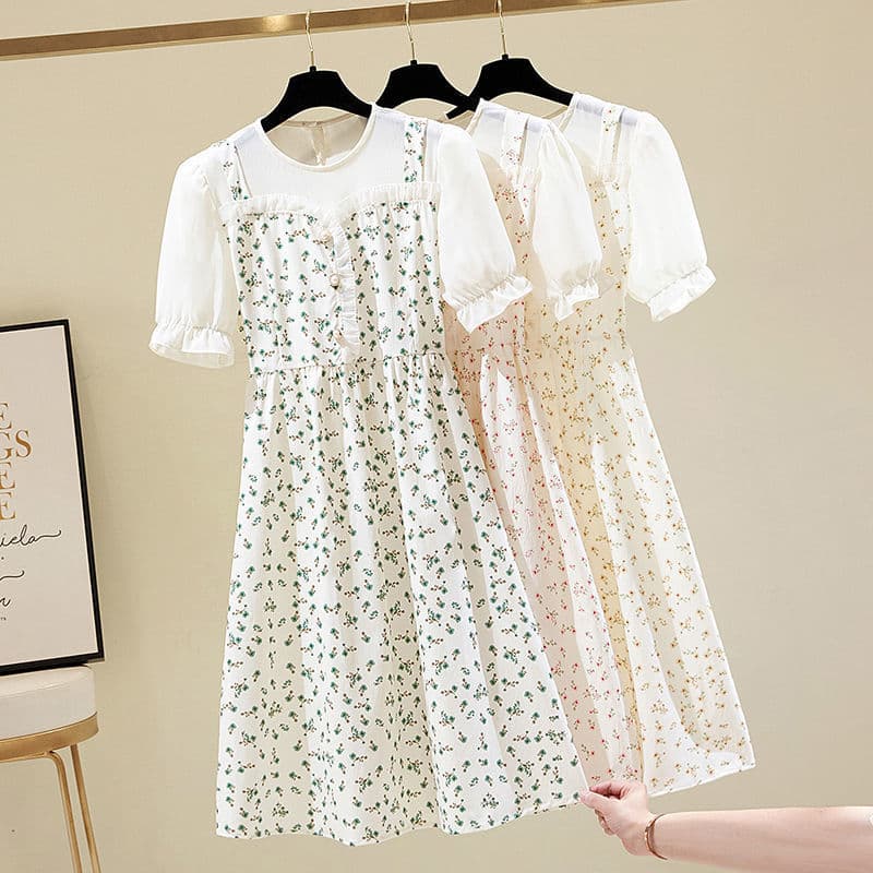 白ワンピース 花柄シアーメッシュパフスリーブミモレワンピース