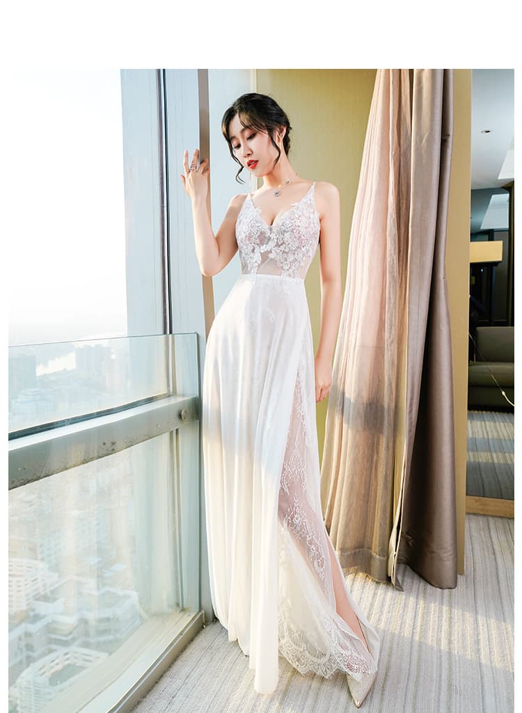 白ワンピース レース切替シースルーロングワンピース