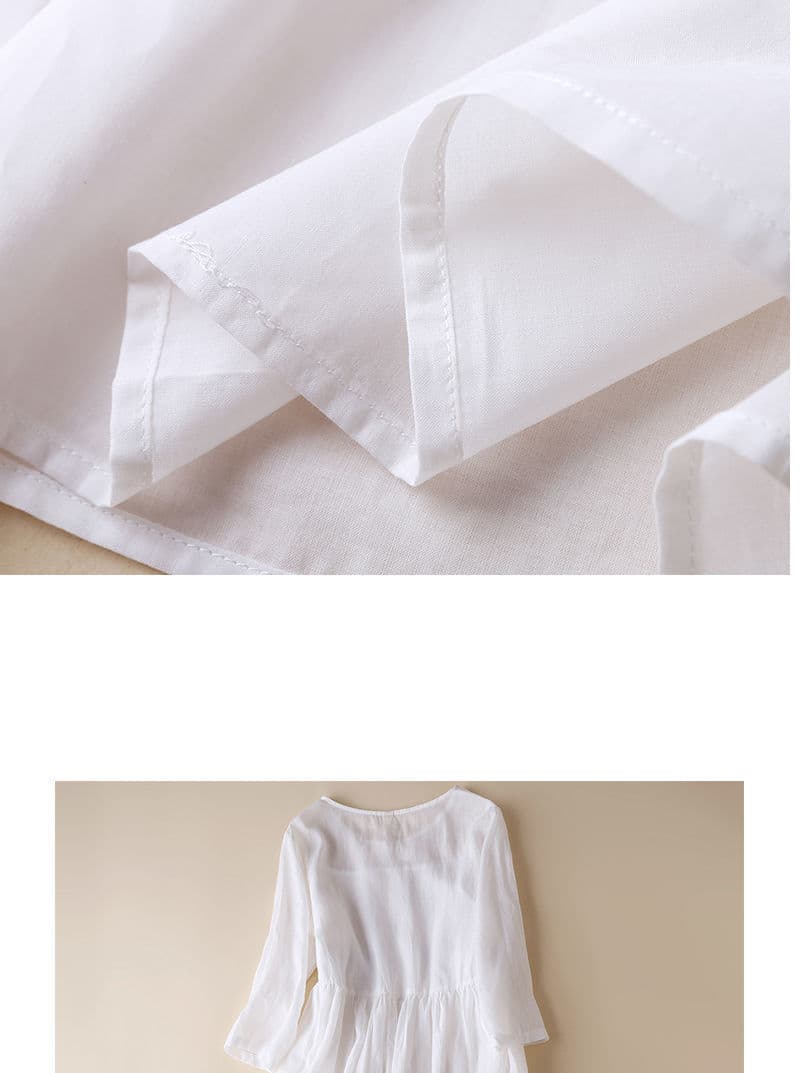 白ワンピース 麻混 刺繍レース ミモレ丈ワンピース