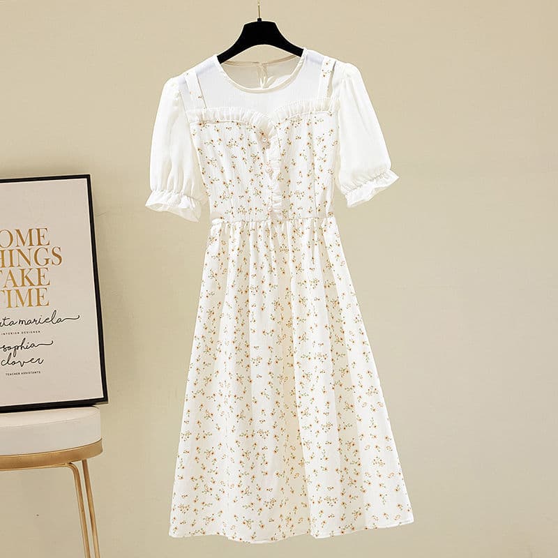 白ワンピース 花柄シアーメッシュパフスリーブミモレワンピース