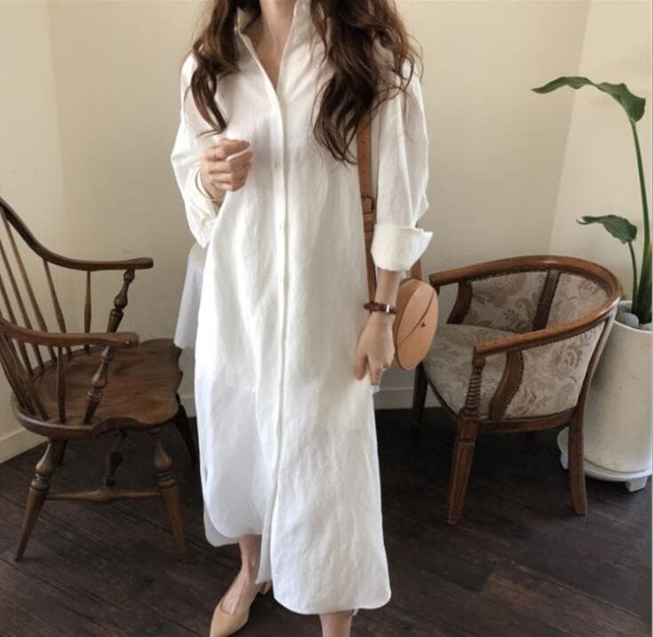 白ワンピース　ベーシックロングシャツワンピース
