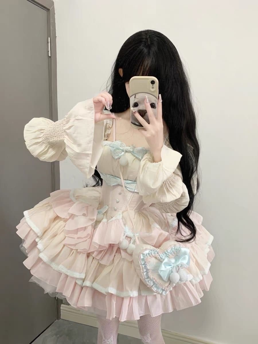 白ワンピース ふんわり姫袖リボンレースドレス