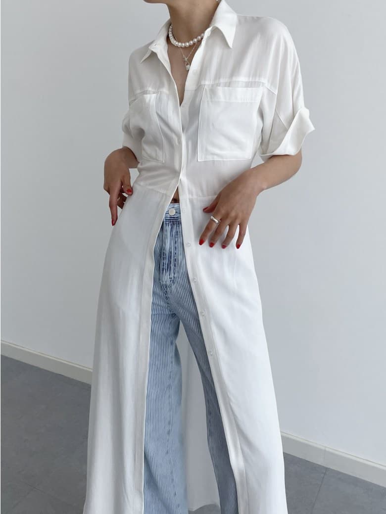 白ワンピース シンプル ロング シャツワンピース