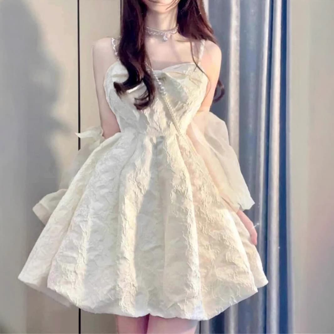 白ワンピース 真珠飾りレース姫風ドレスワンピース
