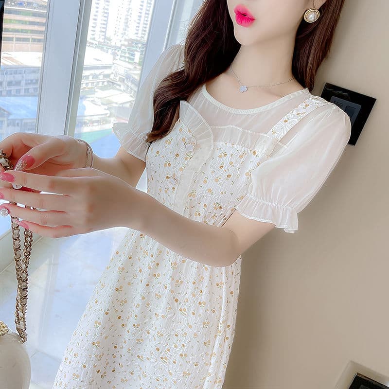 白ワンピース 花柄シアーメッシュパフスリーブミモレワンピース