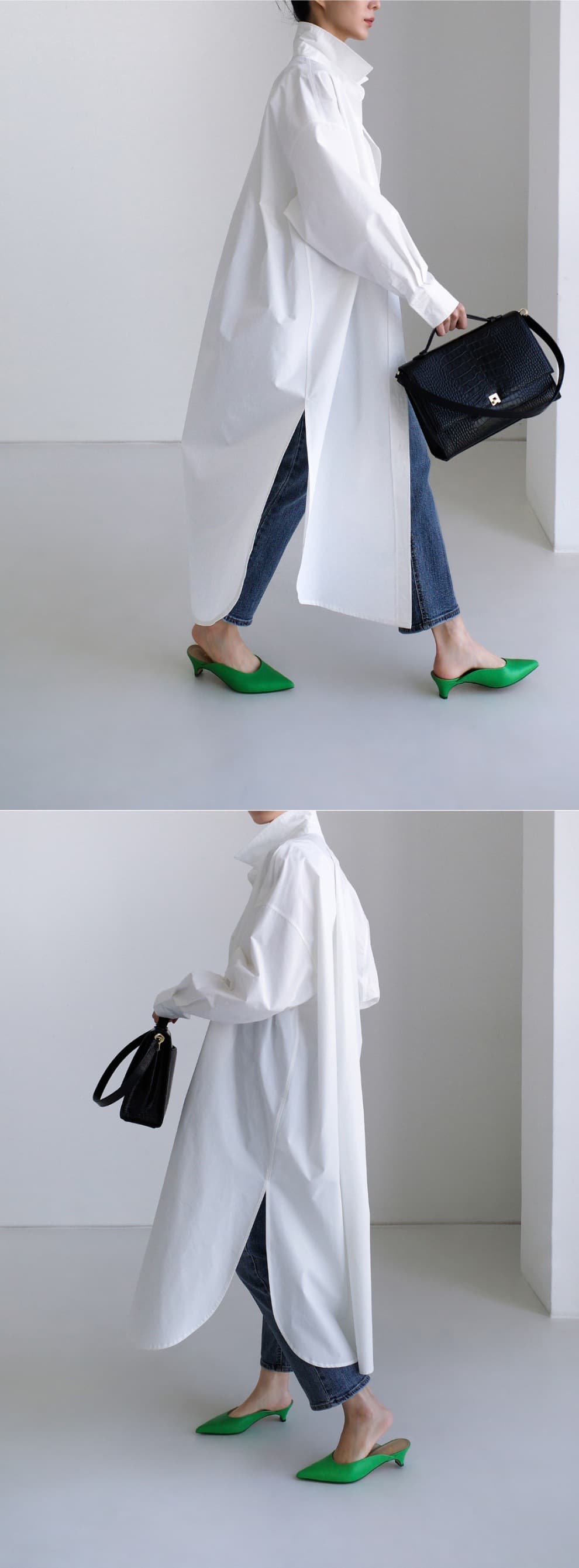 白ワンピース ロングシャツワンピース ハイカラーデザイン