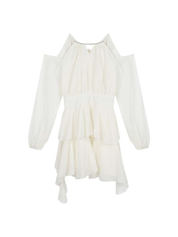 白ワンピース フリル付きオフショルダーワンピース
