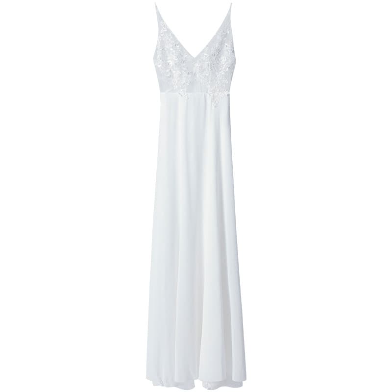 白ワンピース レース切替シースルーロングワンピース