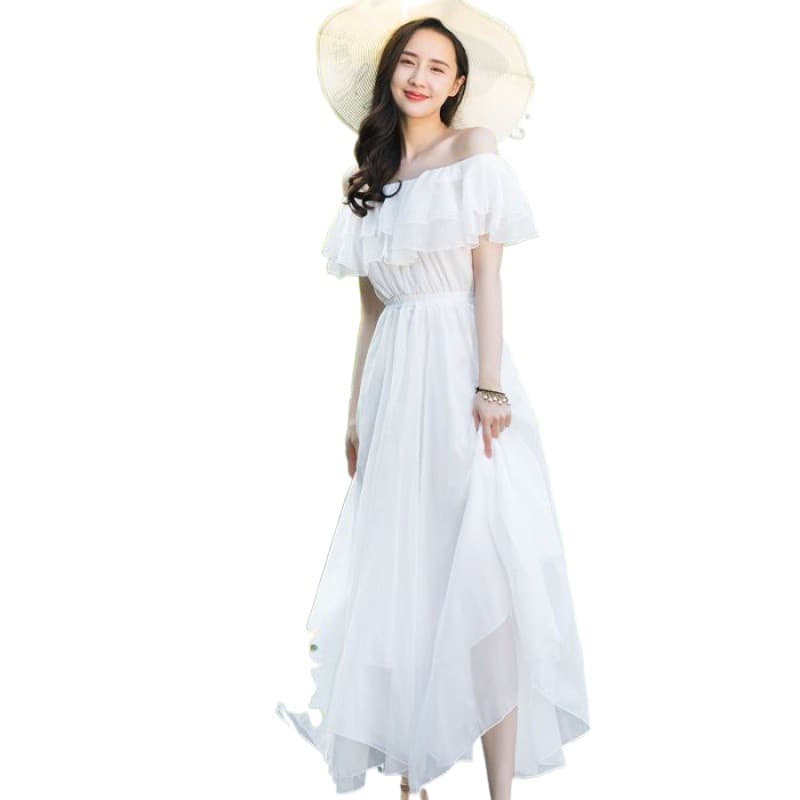 白ワンピース オフショルダー シフォンマキシワンピース