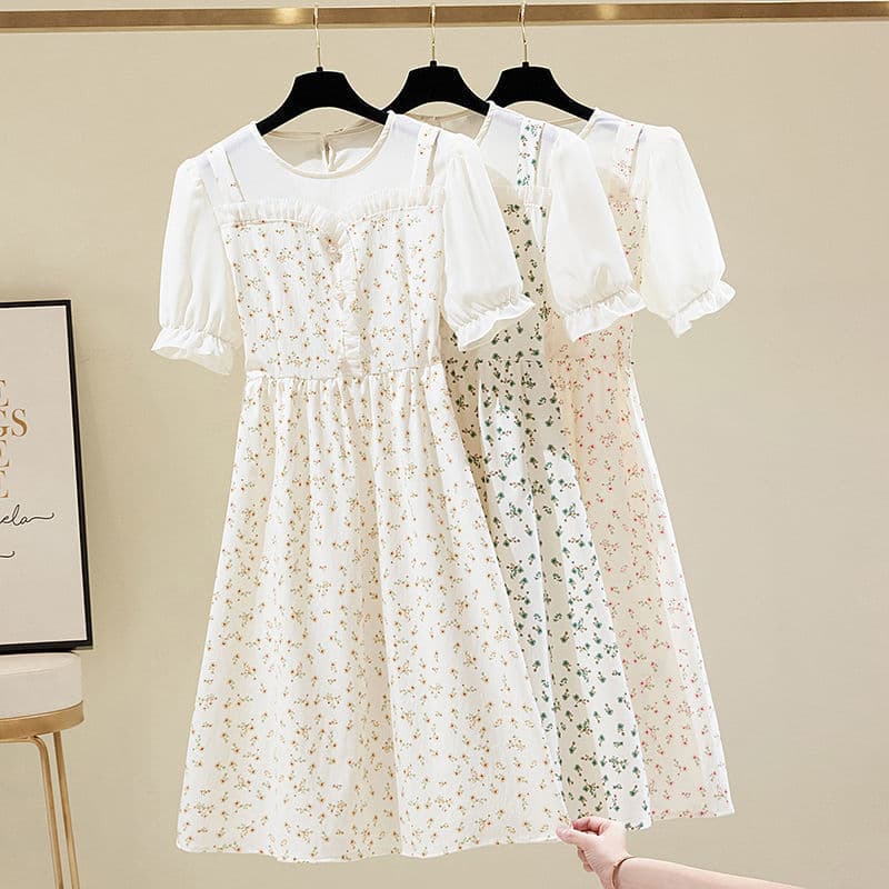 白ワンピース 花柄シアーメッシュパフスリーブミモレワンピース