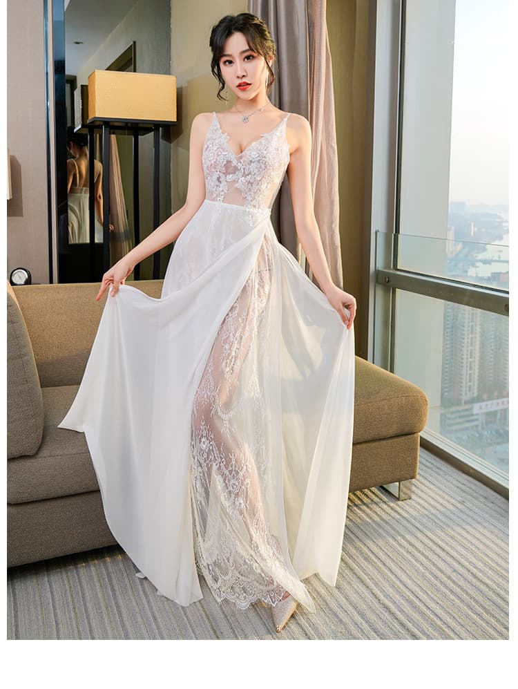 白ワンピース レース切替シースルーロングワンピース